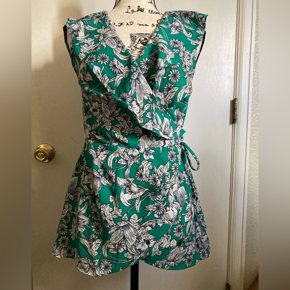 Japna Green Floral Print Deep V-Neck Wrap Sleeveless Blouse #W
